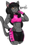  anthro athletic black_hair bra breasts cat clothed clothing duckdraw feline female fingerless_gloves fur gloves grey_fur hair hairband las_lindas long_hair mammal muscular muscular_female nipple_bulge pink_nose rachael_saleigh shorts small_breasts solo sports_bra thick_bottom_lip threatening underwear yellow_eyes 