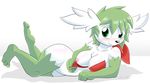  alfa995 black_nose blush breasts chest_tuft female green_eyes green_hair hair legendary_pok&eacute;mon looking_at_viewer lying nintendo nipples one_breast_out pink_nipples pok&eacute;mon shaymin signature simple_background smile solo tuft video_games white_background 