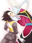  armor black_hair blue_skin blush closed_eyes dragon_ball dragon_ball_super fuoore_(fore0042) gloves halftone halftone_background heart imminent_kiss male_focus multiple_boys nail_polish purple_nails spiked_hair sweatdrop vegeta whis white_gloves white_hair yaoi 