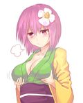  :&lt; blush breast_hold breasts breath cleavage collarbone flower hair_between_eyes hair_flower hair_ornament hieda_no_akyuu japanese_clothes kimono large_breasts long_sleeves older pink_eyes pink_hair sash short_hair simple_background solo touhou upper_body white_background wide_sleeves yonaga_(masa07240) 