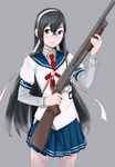  bad_id bad_pixiv_id black_hair blue_eyes glasses gun hairband hip_vent ithaca_m37 kantai_collection long_hair ojipon ooyodo_(kantai_collection) school_uniform serafuku shotgun skirt smile solo weapon 