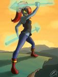  emeraldslide female hair hair_over_eye looking_at_viewer melee_weapon polearm ponytail red_hair solo spear undertale undyne video_games weapon 