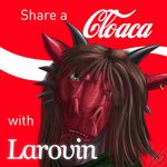  1:1 anthro brown_hair coca-cola dragon ear_piercing english_text green_eyes hair horn larovin long_hair looking_at_viewer male moisteaglevent parody piercing scarf sharp_teeth solo teeth text 