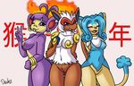  2015 absurd_res ambipom anthro big_breasts bottomless breasts chinese_text clothed clothing drako1997 ear_piercing eyelashes eyes_closed female fire group half-dressed hand_behind_back hands_behind_head hi_res infernape mammal monkey nintendo nipples nude one_eye_closed open_mouth piercing pok&eacute;mon primate pussy simipour text tongue tongue_out v_sign video_games wink 