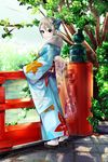  black_eyes fur-trimmed_kimono fur_trim grey_hair highres idolmaster idolmaster_cinderella_girls japanese_clothes kimono ooike_teru shiomi_shuuko smile solo tabi tree water 