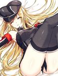  =3 bangs bismarck_(kantai_collection) black_legwear blonde_hair breasts closed_eyes detached_sleeves eyebrows_visible_through_hair hat kantai_collection legs_up long_hair lying medium_breasts on_back on_bed parted_lips peaked_cap saijou_haruki sketch sleeping solo thighhighs thighs uniform very_long_hair 