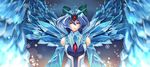  anivia anivia_(cosplay) blue_background blue_hair cirno cosplay gem hair_ornament hair_ribbon hannah_santos highres ice ice_wings league_of_legends red_eyes ribbon snowflakes solo touhou upper_body wings 