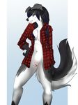  2015 black_hair bottomless breasts canine clitoris clothed clothing dog ear_piercing facial_piercing female flannel fur hair half-dressed kittentits lip_piercing mammal piercing pussy solo white_fur 