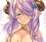  bare_shoulders blue_eyes breasts cleavage_cutout demon_horns draph granblue_fantasy hair_ornament hair_over_one_eye heart heart-shaped_pupils horns large_breasts lavender_hair long_hair looking_at_viewer min-naraken narmaya_(granblue_fantasy) parted_lips pointy_ears solo symbol-shaped_pupils upper_body 