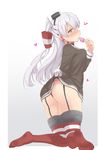  amatsukaze_(kantai_collection) ass black_dress black_panties blush condom dress dress_lift from_behind garter_straps gloves hair_tubes kantai_collection kneeling kokuto_adk long_hair looking_at_viewer panties short_dress silver_hair solo striped striped_legwear thighhighs thighs thong two_side_up underwear white_gloves windsock yellow_eyes 