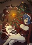  1boy 3girls alcohol alternate_costume android bangs belt black_sclera blue_hair box brain_drain_(skullgirls) brown_hair candle capelet carol_(skullgirls) chessboard christmas_cake christmas_tree cleavage_cutout crossed_legs cup dress drinking_glass fireplace ganno gift gift_box highres meme_attire multiple_girls no_eyepatch one-eyed open-chest_sweater painwheel_(skullgirls) parted_bangs red_eyes red_sweater ribbed_sweater robo-fortune sack santa_costume scar scar_across_eye sitting skullgirls stitches sweater sweater_dress valentine_(skullgirls) veins wine wine_glass 