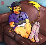  3_toes anthro anthrofied barefoot black_hair blue_eyes bottomless brown_nose clothed clothing crossed_legs facial_hair hair half-dressed hi_res hindpaw looking_at_viewer lying male mammal maverick_ryders_levin nintendo nokemy on_back overweight paws pok&eacute;mon raichu reclining rodent shirt signature simple_background smile sofa solo soul_patch toes video_games 