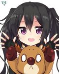  1girl :&lt; amano_kouki animal_ears antlers big_nose black_gloves black_hair blank_eyes fingerless_gloves gloves highres horns long_hair looking_at_viewer note-chan open_mouth original purple_eyes reindeer reindeer_antlers reindeer_ears simple_background smile solid_oval_eyes twintails very_long_hair white_background 