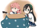  akashi_(kantai_collection) aqua_hairband bad_id bad_pixiv_id black_hair blue_eyes controller glasses green_eyes hair_ribbon hairband hip_vent kantai_collection kotatsu long_hair multiple_girls ojipon ooyodo_(kantai_collection) pink_hair remote_control ribbon school_uniform serafuku skirt table tress_ribbon 