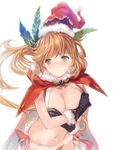  alternate_costume areola_slip areolae black_gloves breasts cape christmas clarisse_(granblue_fantasy) covering covering_breasts crossed_arms embarrassed gloves granblue_fantasy green_eyes hat large_breasts light_brown_hair long_hair looking_at_viewer midriff min-naraken miniskirt navel ponytail santa_hat skirt solo wavy_hair 