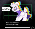  2015 anus asriel_dreemurr balls blush boss_monster butt caprine clothing embarrassed fur girly goat male mammal monster open_mouth penis robe skirt stick-shiply undertale upskirt video_games white_fur 