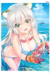  :d absurdres animal_ears bikini blue_bikini blush breasts cloud crab day goggles goggles_around_neck green_eyes happoubi_jin highres holding island long_hair looking_at_viewer medium_breasts ocean open_mouth parted_lips scan side-tie_bikini silver_hair sky smile solo striped striped_bikini swimsuit tail tiger_ears tiger_tail toranoana wading water wet 