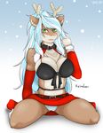  anthro antlers bare_shoulder belt big_breasts blue_hair blush bra breasts camel_toe cervine choker cleavage clothed clothing collar detached_sleeves english_text female fur green_eyes hair horn legwear long_hair looking_at_viewer mammal multicolored_fur multicolored_hair open_mouth panties reindeer skirt snow socks solo text tuft two_tone_fur two_tone_hair underwear upskirt white_hair yus-ts 
