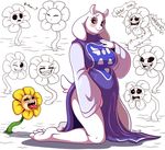  ... 4_toes ? ambiguous_gender anthro big_breasts breasts caprine clothed clothing dialogue dress english_text evil_grin fangs female flower flowey_the_flower fur goat hindpaw kneeling mammal mature_female paws plant protagonist_(undertale) smile sorcerushorserus sweat teeth text toes tongue tongue_out toriel undertale video_games white_fur 