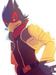  anthro avian bird blue_eyes blue_feathers clothing falco_lombardi feathers half-closed_eyes hi_res jacket low-angle_shot male nintendo smirk solo star_fox unknown_artist video_games 