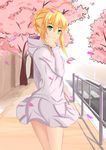  absurdres artoria_pendragon_(all) blonde_hair casual cherry_blossoms fate/stay_night fate_(series) green_eyes highres ice_spirit_tarot looking_back petals road saber solo wind wind_lift 