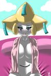  anthro bed big_breasts blush breasts clothed clothing female half-dressed jirachi legendary_pok&eacute;mon looking_at_viewer nintendo open_mouth open_shirt pok&eacute;mon shirt sleepy solo video_games virate-chip waking_up 