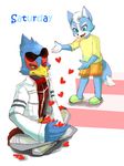  &lt;3 anthro avian bird blue_eyes blue_feathers boots canine clothing duo english_text eyewear falco_lombardi feathers footwear fox green_eyes hi_res lilith_(artist) male mammal marcus_mccloud nintendo simple_background sitting star_fox sunglasses text video_games 