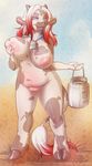  anthro big_breasts blue_eyes bovine breasts cattle cowbell daisy_maybelle female fur hair hooves horn huge_breasts lactating long_hair looking_at_viewer mammal milk nipples pussy ryunwoofie slightly_chubby solo thick_thighs 