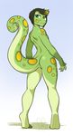  anthro butt female green_skin hair kittydee lizard looking_back multicolored_hair nude reptile scalie simple_background solo standing two_tone_hair 