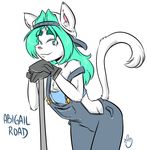  abigail_road anthro cat chest_tuft clothed clothing duckdraw feline female flat_chested fur gloves green_eyes green_hair hair hat inner_ear_fluff leaning long_hair mammal off_shoulder overalls pink_nose simple_background smile solo trucker_hat tube_top tuft white_background white_fur 