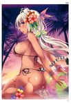  absurdres animal_ears ankle_flower anklet ass ball barefoot bikini blush breasts cameltoe feet flower frilled_bikini frills hair_flower hair_ornament hair_ribbon highres jewelry large_breasts long_hair looking_back open_mouth palm_tree pink_bikini ribbon shimakaze side-tie_bikini sideboob sitting soles solo strap_gap string_bikini swimsuit tail thong_bikini tiger_ears tiger_tail toranoana tree wariza wet wristband 