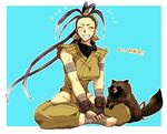  ankle_wrap antenna_hair arm_wrap bad_id bad_pixiv_id bandana barefoot black_hair breasts don_(street_fighter) fingerless_gloves full_body gloves grin hair_pulled_back hip_vent ibuki_(street_fighter) indian_style large_breasts long_hair ninja ponytail sitting smile solo split_ponytail street_fighter street_fighter_iii_(series) takehana tanuki 