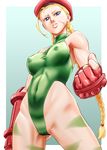  ahoge ass_visible_through_thighs beret blonde_hair blue_eyes bodypaint braid breasts cameltoe cammy_white camouflage clenched_hand covered_navel covered_nipples eyebrows fingerless_gloves from_below gloves green_leotard hat highleg highleg_leotard highres huge_ahoge ikumo_taisuke large_breasts leotard lips long_hair nose scar skin_tight solo street_fighter thighs toned twin_braids 