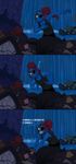  2015 blue_scales comic cosmic_canine_(artist) dialogue english_text eye_patch eyewear female fish hair marine melee_weapon monster red_hair scales speech_bubble sword text trash undertale undyne video_games waterfall weapon 