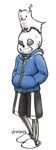  ? ambiguous_gender anthro barefoot bone canine clothed clothing cute dog draneas feral footwear fur looking_at_viewer male mammal nude on_top sans shorts size_difference skeleton slippers smile standing sweat sweater undertale video_games 