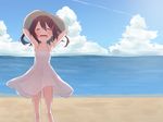  alternate_costume armpits arms_up bare_shoulders beach brown_hair closed_eyes cloud day dress hair_ornament hairclip harusawa ikazuchi_(kantai_collection) kantai_collection ocean open_mouth outdoors school_uniform short_hair sky smile solo sundress white_dress 