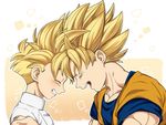  blonde_hair chinese_clothes closed_eyes dougi dragon_ball dragon_ball_z father_and_son forehead-to-forehead grin male_focus multiple_boys muscle open_mouth petagon smile son_gohan son_gokuu spiked_hair super_saiyan 