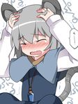  ^_^ animal_ears bad_id bad_pixiv_id blue_dress blush capelet closed_eyes commentary cowering dress grey_hair hammer_(sunset_beach) hands_on_own_head jewelry mouse_ears mouse_tail nazrin open_mouth pendant solo tail tears touhou 