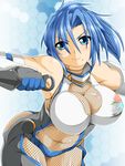  bare_shoulders blue_eyes blue_hair bodysuit borrowed_character breasts cleavage fishnet_bodysuit fishnets gauntlets kokujuuji large_breasts mole mole_under_mouth navel see-through solo 
