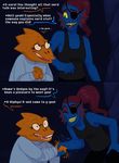  2015 alphys blue_scales blush comic cosmic_canine_(artist) dialogue english_text eye_patch eyewear female female/female fish glasses hair handshake lab_coat marine monster red_hair reptile scales scalie speech_bubble text undertale undyne video_games waterfall yellow_scales 