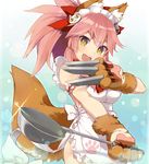  @_@ agsen animal_ears bell bell_collar breasts cleavage collar fangs fate/grand_order fate_(series) fox_ears fox_tail gradient gradient_background hair_ribbon knife large_breasts long_hair looking_at_viewer open_mouth pink_hair ribbon solo tail tamamo_(fate)_(all) tamamo_cat_(fate) yellow_eyes 