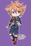  2015 armor boots brown_eyes brown_hair chibi cross-laced_footwear dated gotou_toushirou japanese_armor lace-up_boots male_focus matsuki_(mikipingpong) military military_uniform multicolored_hair necktie shorts shoulder_armor smile sode solo streaked_hair touken_ranbu translation_request uniform 
