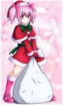  alina_pegova boots bow capelet christmas flat_chest full_body fur-trimmed_boots fur_trim gloves hair_bow hat kaname_madoka knee_boots mahou_shoujo_madoka_magica pink_eyes pink_footwear pink_hair red_capelet red_gloves santa_boots santa_costume santa_hat short_twintails smile solo standing twintails v_arms 