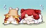  aoi_mitsuru chibi closed_eyes hat moriya_suwako multiple_girls onozuka_komachi sleeping touhou 