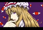  blonde_hair bow eyes face gap hair_bow hands hat joshi_kousei kaen_(hirencs) lipstick long_hair looking_back makeup nail_polish parody pink_nails profile purple_eyes ribbon smile solo touhou yakumo_yukari 