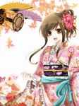  bad_id bad_pixiv_id brown_eyes brown_hair bug butterfly fan flower frills hair_ornament insect japanese_clothes kimono leaf maple_leaf open_mouth original sakura_(lilak_a) sidelocks smile solo 