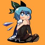  blue_eyes blue_hair blush bow cirno hair_bow knees_touching leg_hug pantyhose ribbon short_hair sitting solo soxy touhou wings 