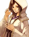  1girl aya_gozen brown_eyes brown_hair female hakutoyuki hood long_hair robe sengoku_musou sengoku_musou_3 simple_background solo white_background 