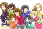  akiyama_mio black_hair blue_eyes brown_eyes brown_hair closed_eyes everyone glasses highres hirasawa_ui hirasawa_yui k-on! kotobuki_tsumugi let's_go! long_hair manabe_nodoka mitsuki_meiya multiple_girls nakano_azusa one_eye_closed pantyhose red-framed_eyewear semi-rimless_eyewear shirt short_hair sweat t-shirt tainaka_ritsu under-rim_eyewear yamanaka_sawako 