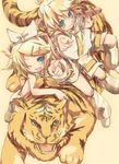  1girl animal_ears blonde_hair blue_eyes brother_and_sister hair_ornament hair_ribbon hairclip hekicha kagamine_len kagamine_rin necktie new_year one_eye_closed ribbon short_hair shorts siblings smile tail tiger tiger_ears twins vocaloid 